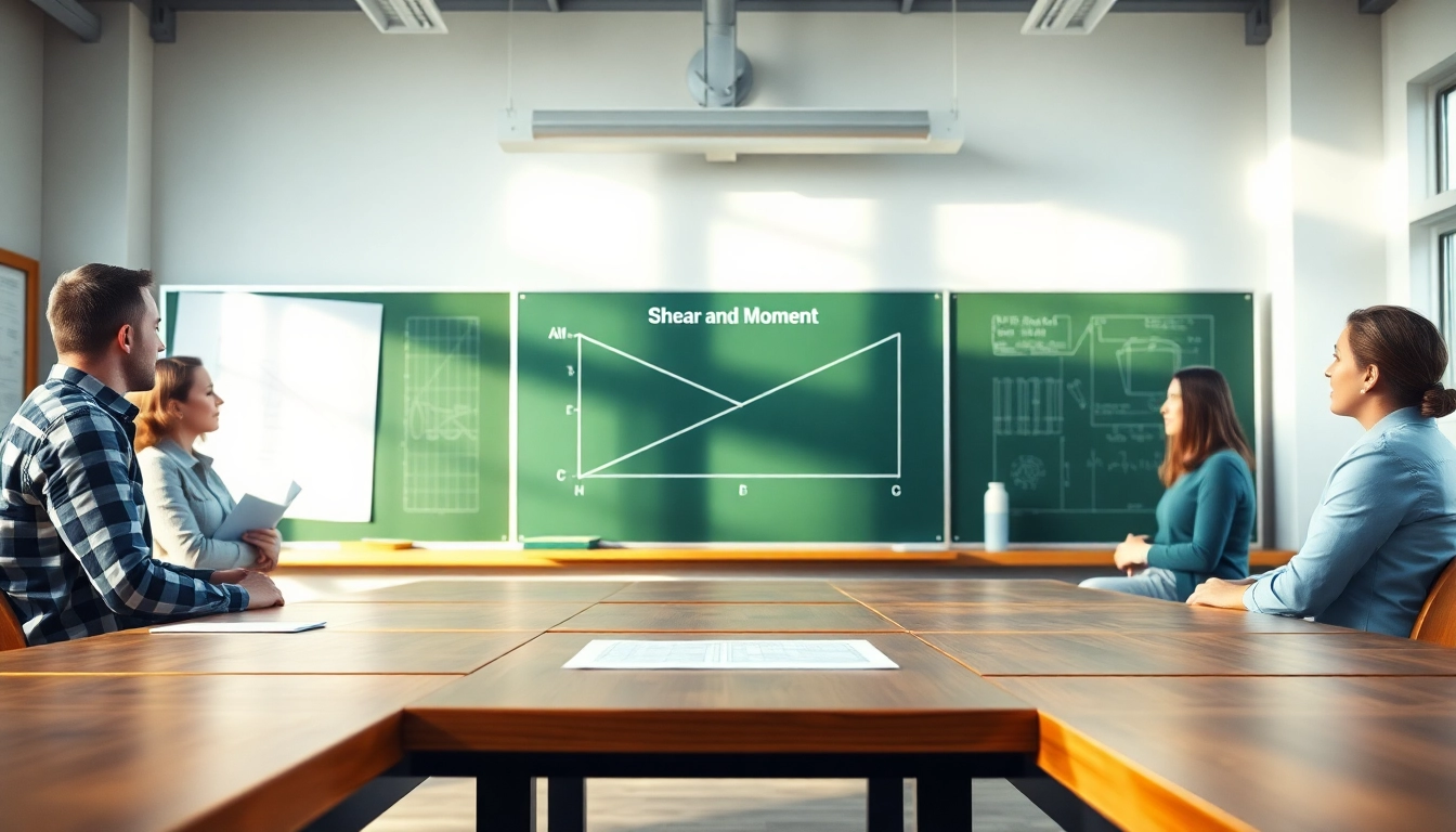 Illustration of a Shear and Moment Diagram on a chalkboard in an engineering classroom.