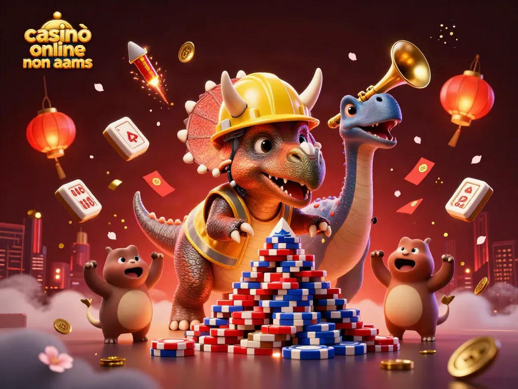 Giocando nei casinò online non AAMS con un triceratopo che costruisce torri di fiches mentre festeggiano i compi.