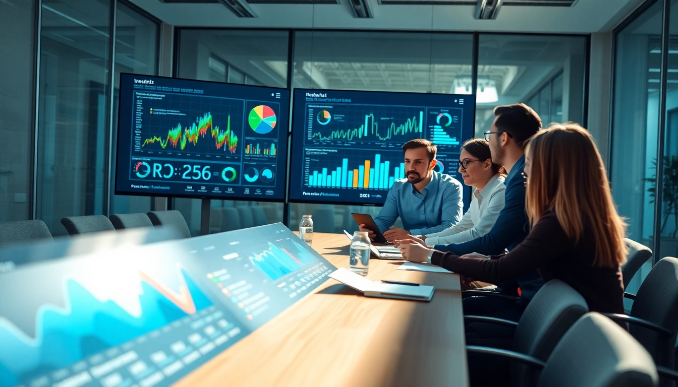 Analysts using AI for competitive intelligence insights in a modern office.