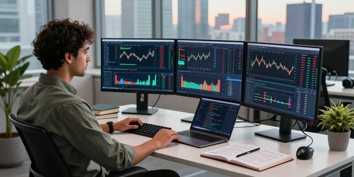 NIFTY index quote API displayed on multiple monitors in a modern financial tech workspace