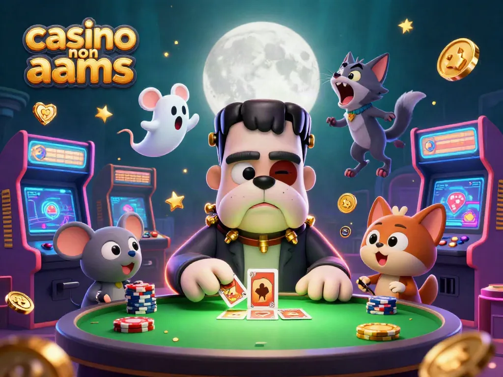 Gioca a casinò non AAMS mentre il bulldog Frankenstein distribuisce carte a un tavolo incantato.