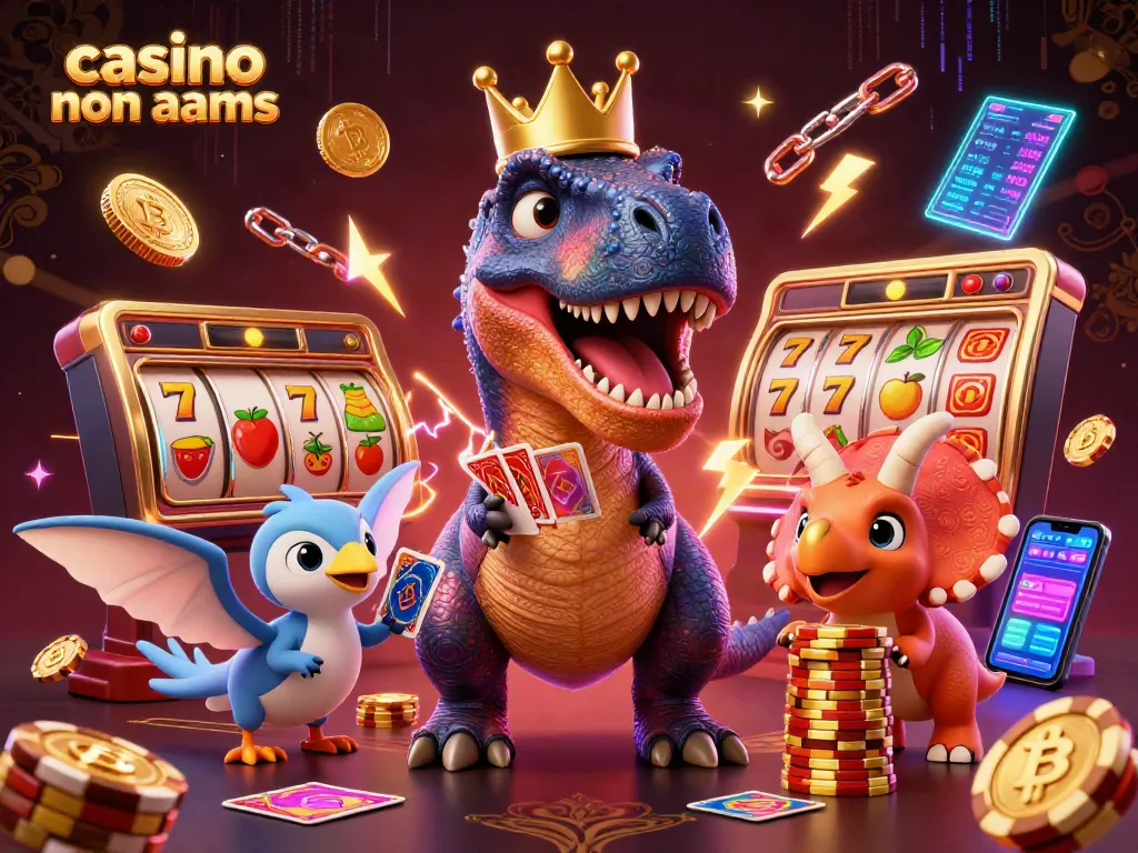 Giocatori di casino non aams si divertono con slot e gettoni d'oro in un'illustrazione animata.