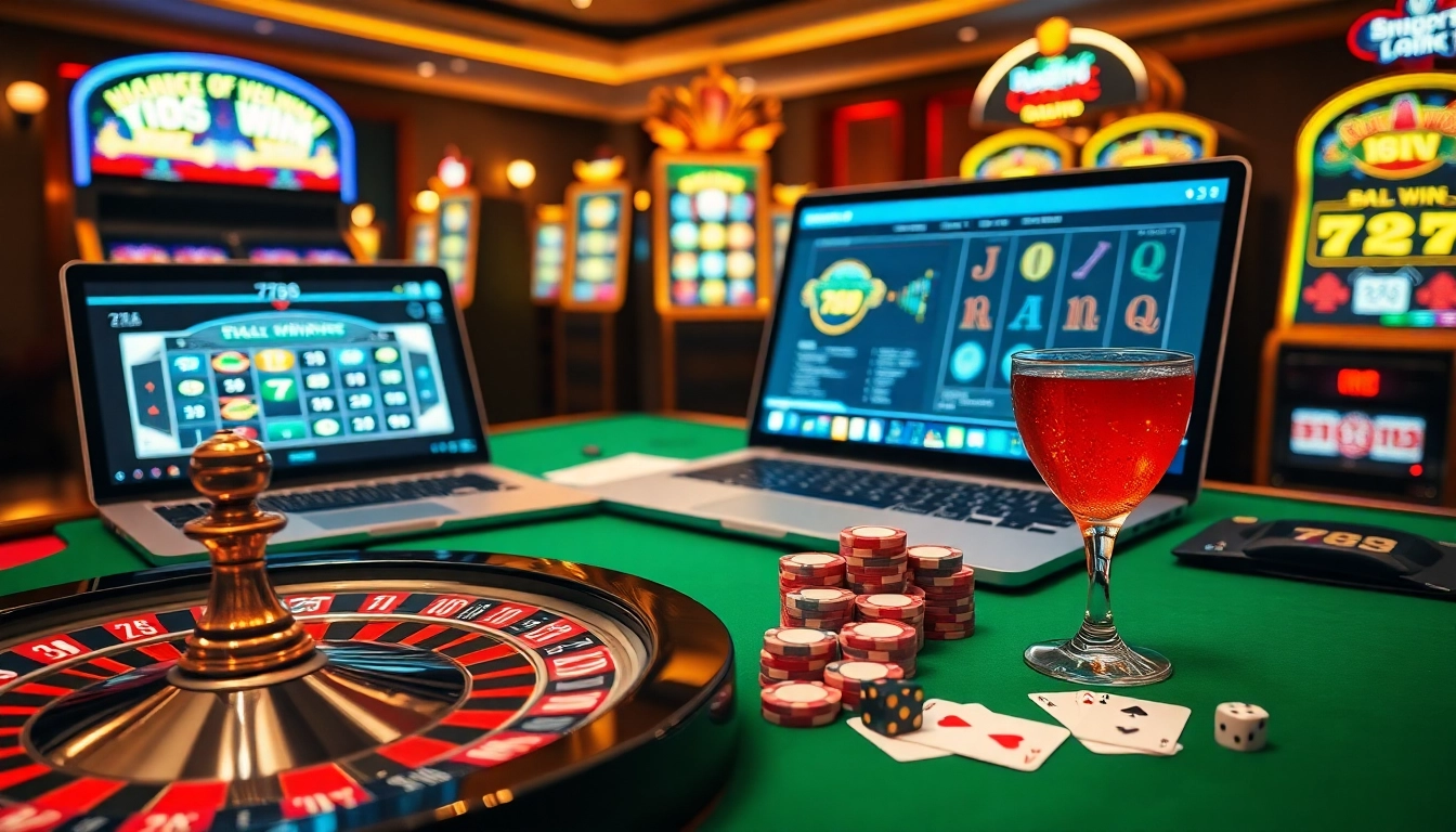 Experience the thrill of 789 win with vibrant casino visuals showcasing roulette wheels and poker chips.