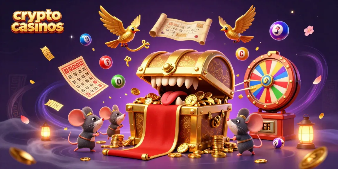 Les crypto casinos offrent de belles richesses avec des personnages de coffre au trésor et des boules de loterie colorées.