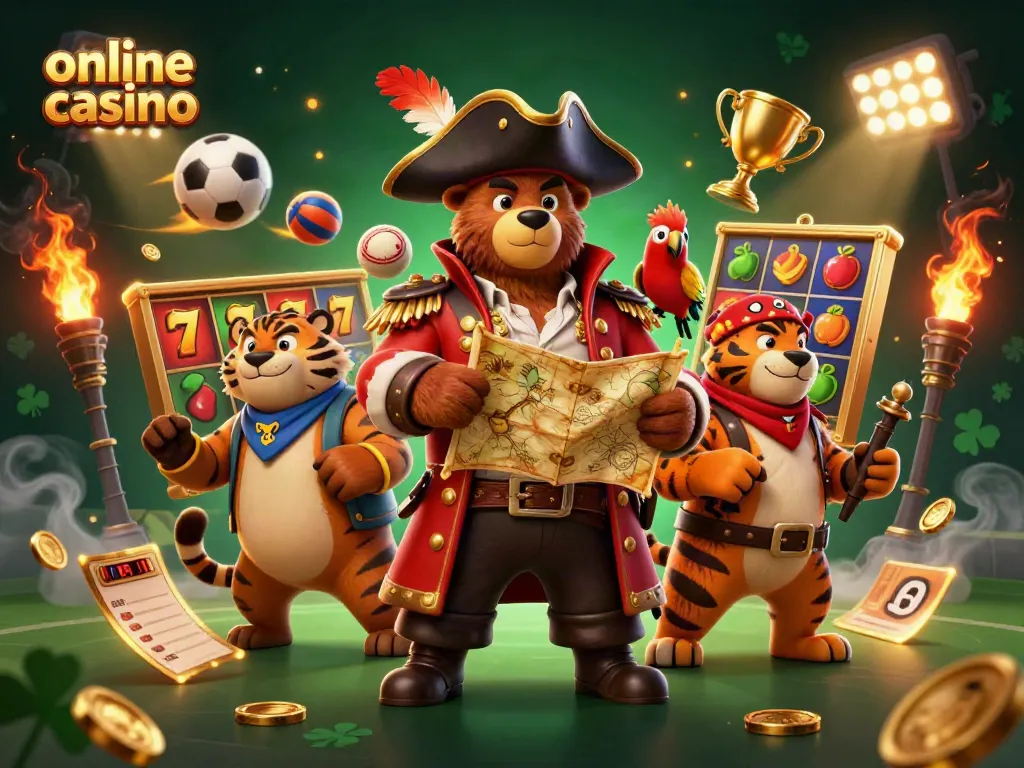 Accede a los emocionantes juegos de un casino online con la ilustración dinámica de un oso pirata y un tigre en acción.