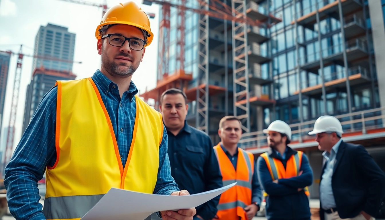 Commercial building developer collaborating on a construction project at a dynamic urban site.