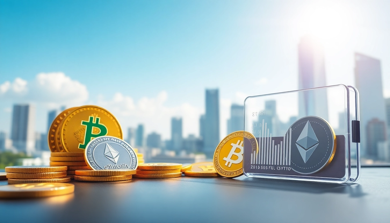 Engaging visual representation of crypto with coins and a digital wallet under vibrant lighting.