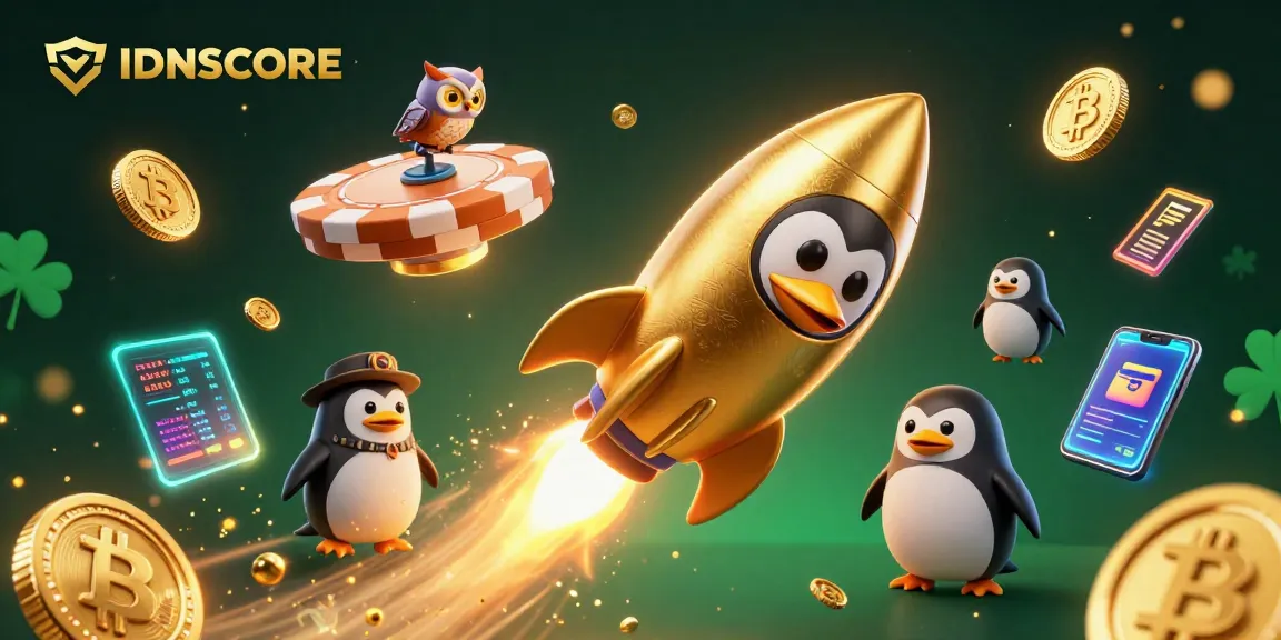 IDNSCORE showcases a thrilling scene of a golden penguin in space with dazzling casino elements.
