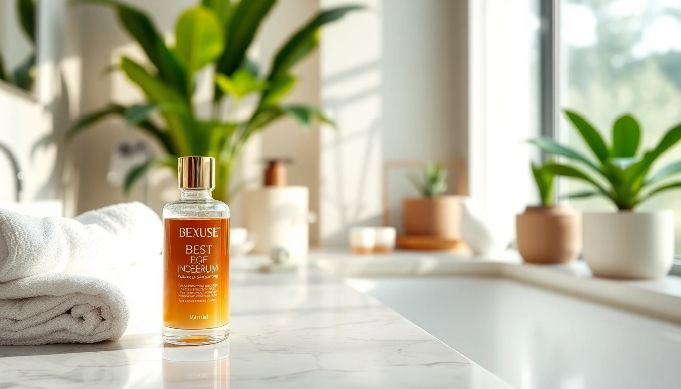 Applying the best EGF serum amidst a serene spa-like atmosphere for rejuvenated skin.