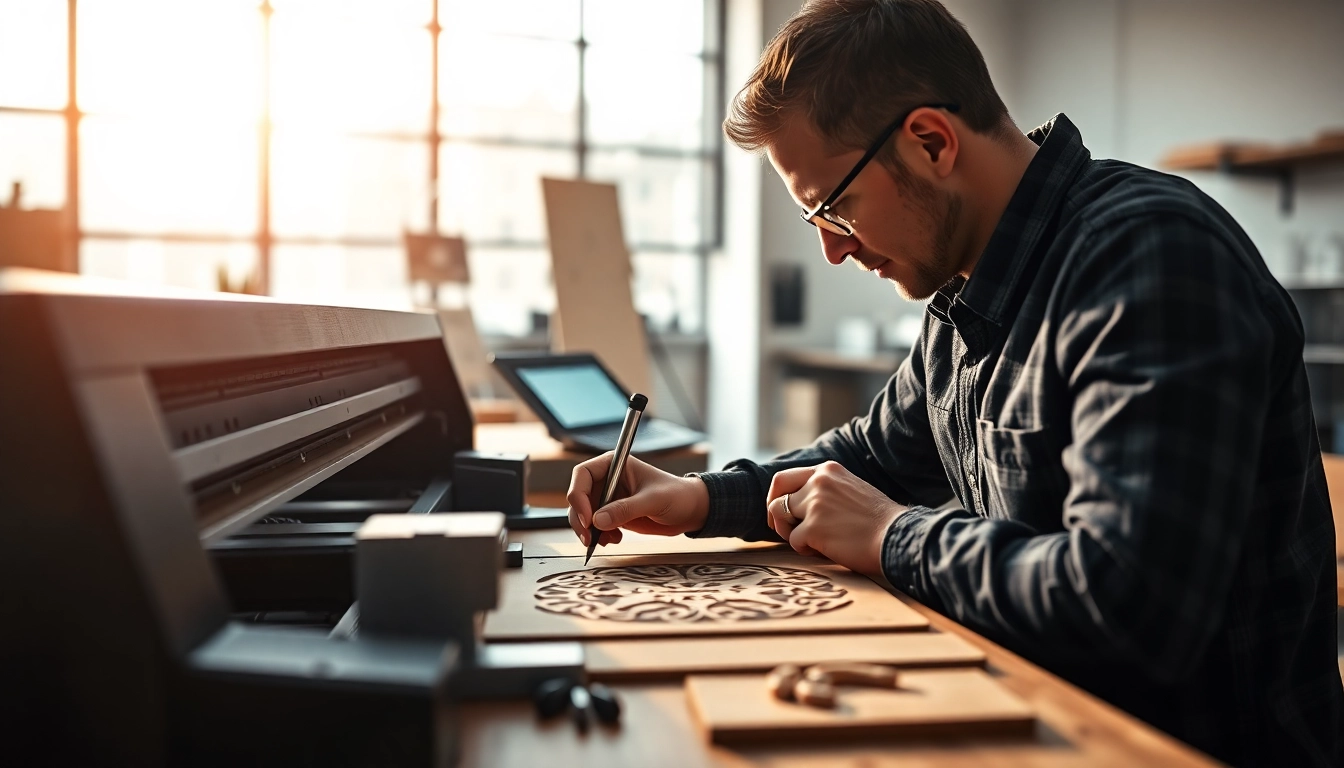 Crafting intricate custom laser designs with precision in a modern workshop.