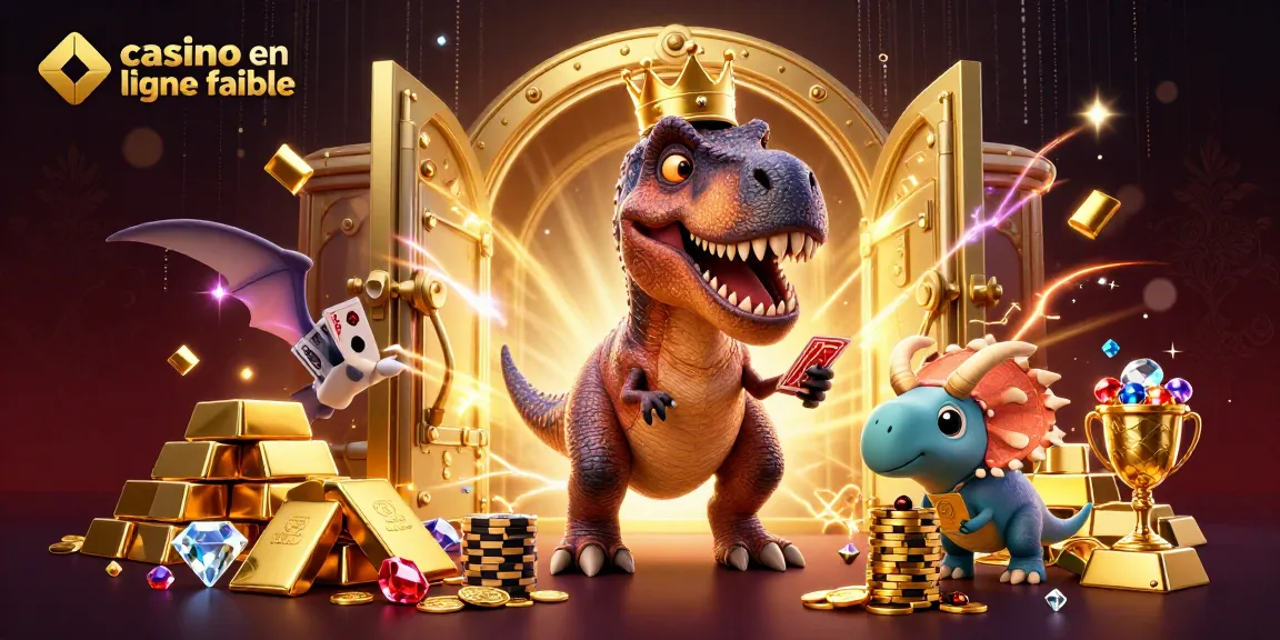 Image d'un T-Rex jouant aux cartes avec un ptérodactyle assistant et un tricératops, représentant un casino en ligne fiable.