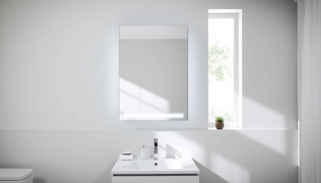 Showcasing a stylish bathroom cabinet with mirror and light integrated into an elegant modern setting.