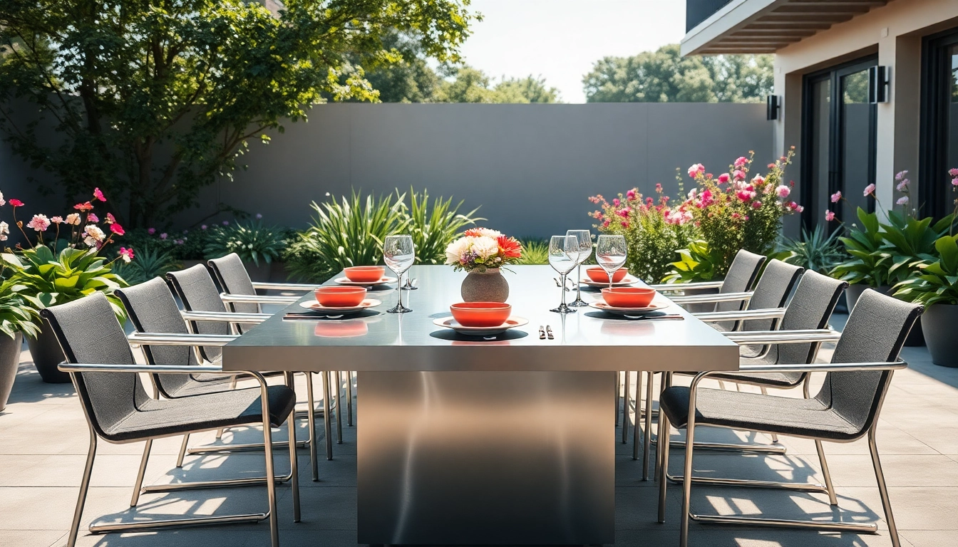 Enjoy stylish stainless steel furniture on a modern outdoor patio with a vibrant setting.