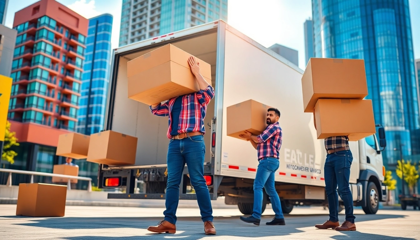 Movers Edmonton team efficiently loading a truck with boxes in a vibrant urban setting.