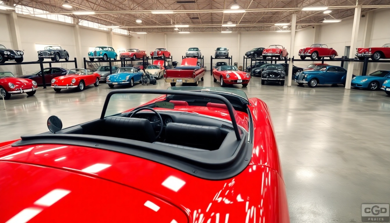 Showcasing classic car storage with a gleaming red vintage car under bright lights.