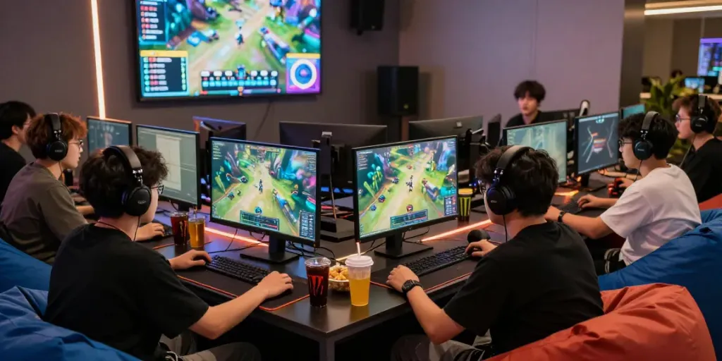 Young gamers competing in an exciting tournament, showcasing the rokok88 link experience with lively atmosphere.