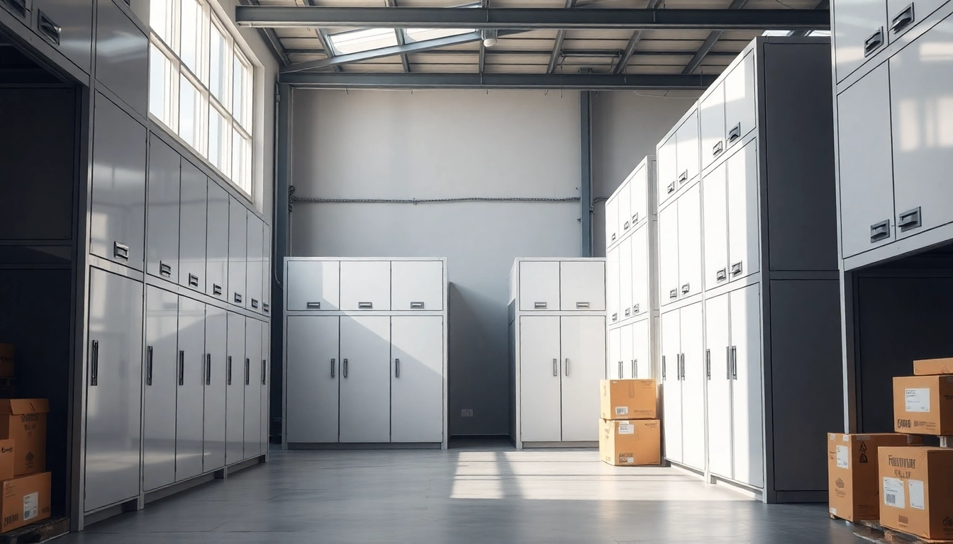 Explore self storage units in a beautifully organized warehouse with natural lighting.