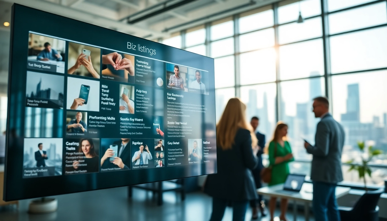 View of interactive touchscreen showing various Biz Listings in a modern office.