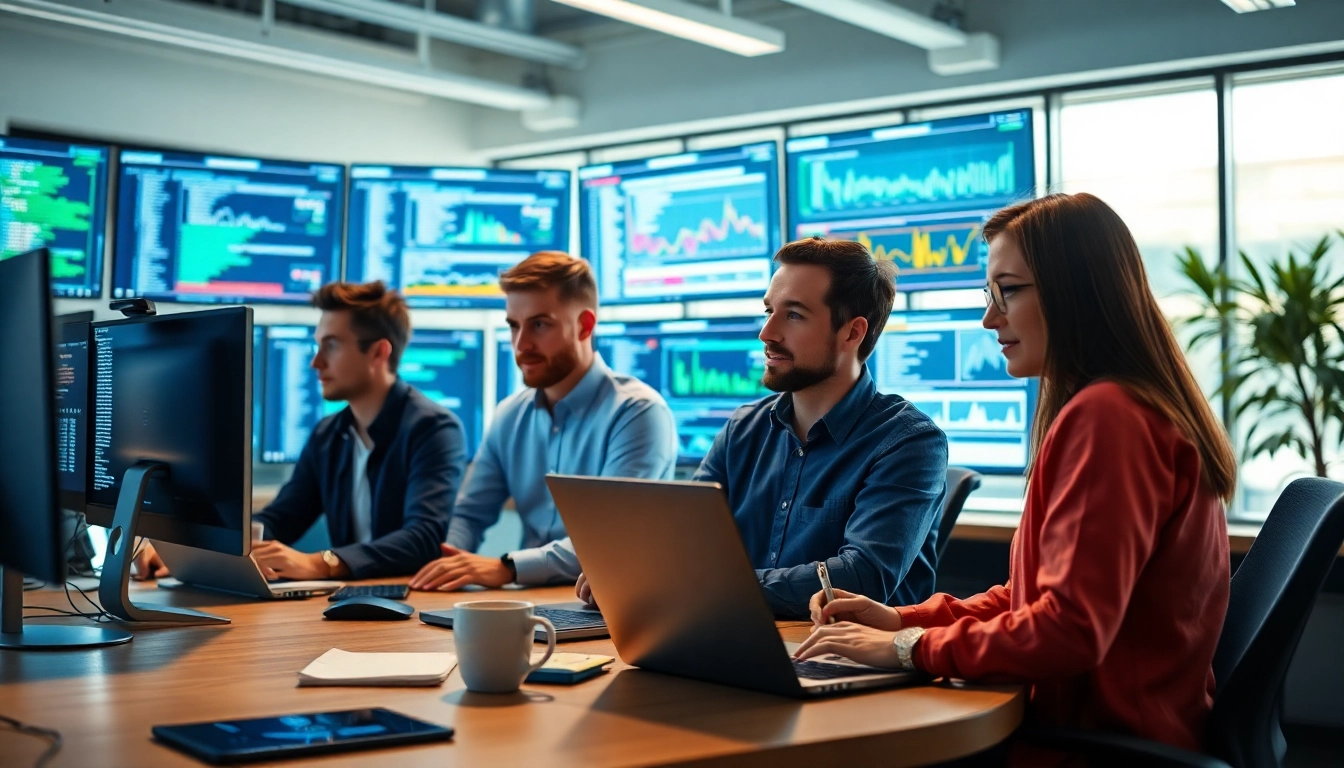 Streamlined workflow with a test automation tool being used by professionals in a modern office.