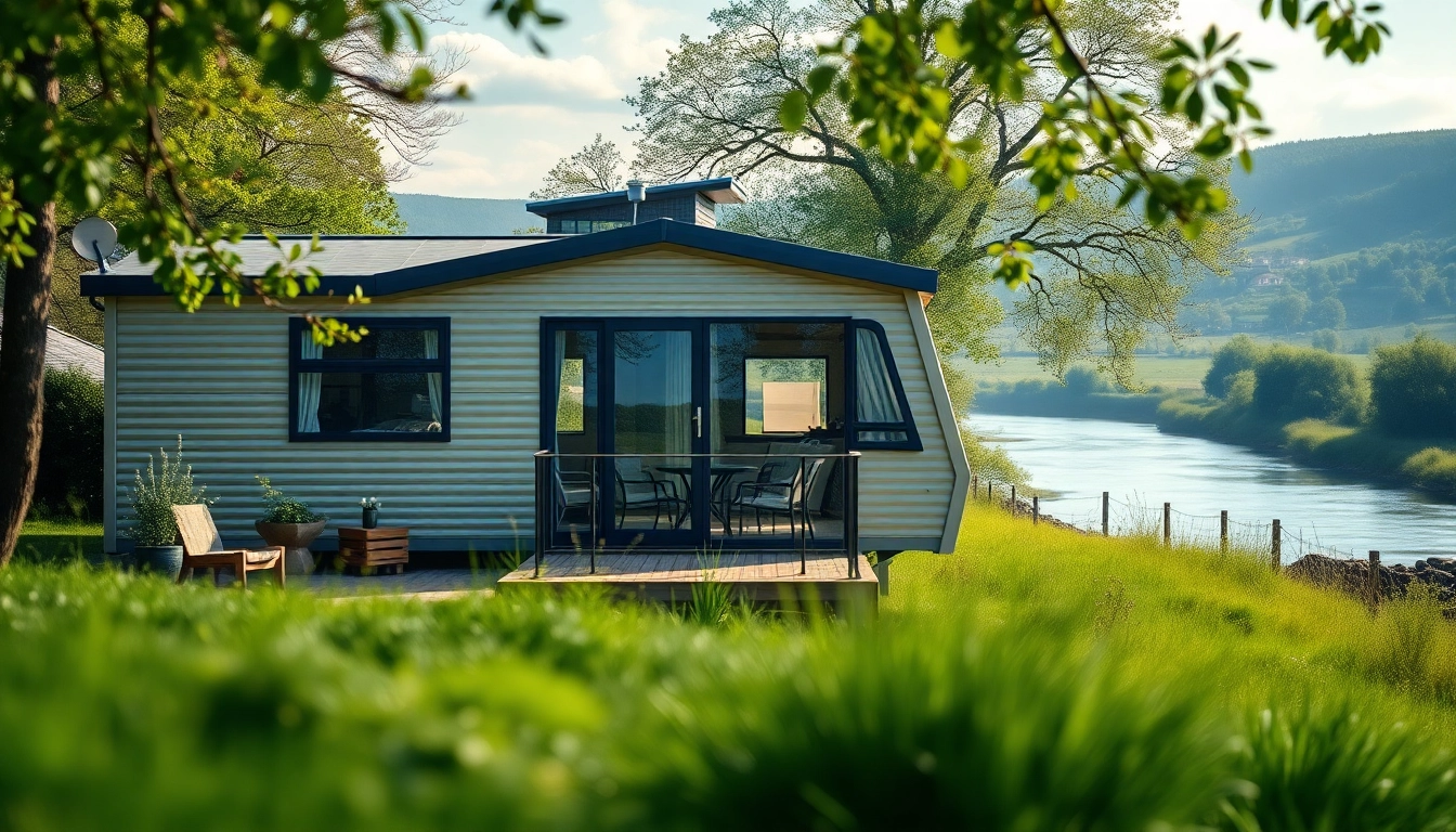 Beautiful Static Caravans displayed in a serene countryside landscape with lush greenery.