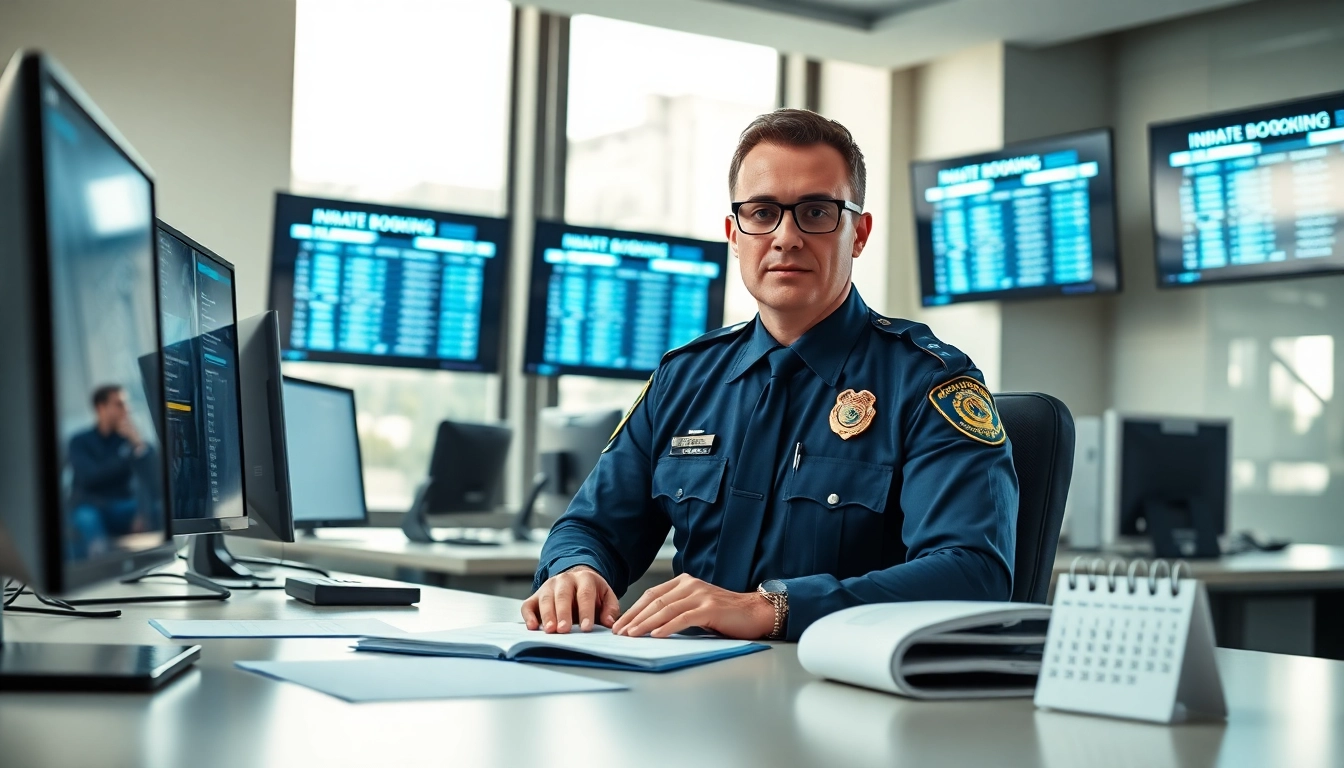 View of a law enforcement officer handling orange county jail inmate booking information in a busy administrative office.
