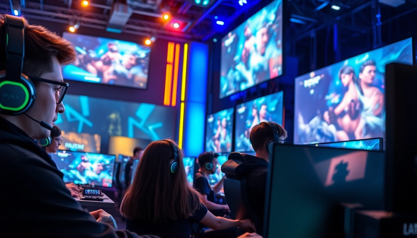 Engaged gamers at a vibrant esports arena showcasing https://gamelevate.com gaming technology.