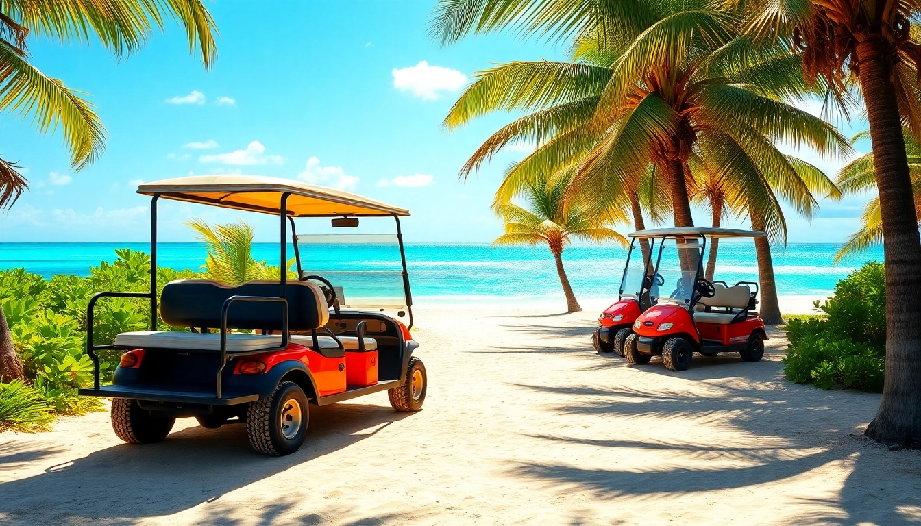 Rent a San Pedro Belize Golf Cart Rental parked by the beach, perfect for island exploration.