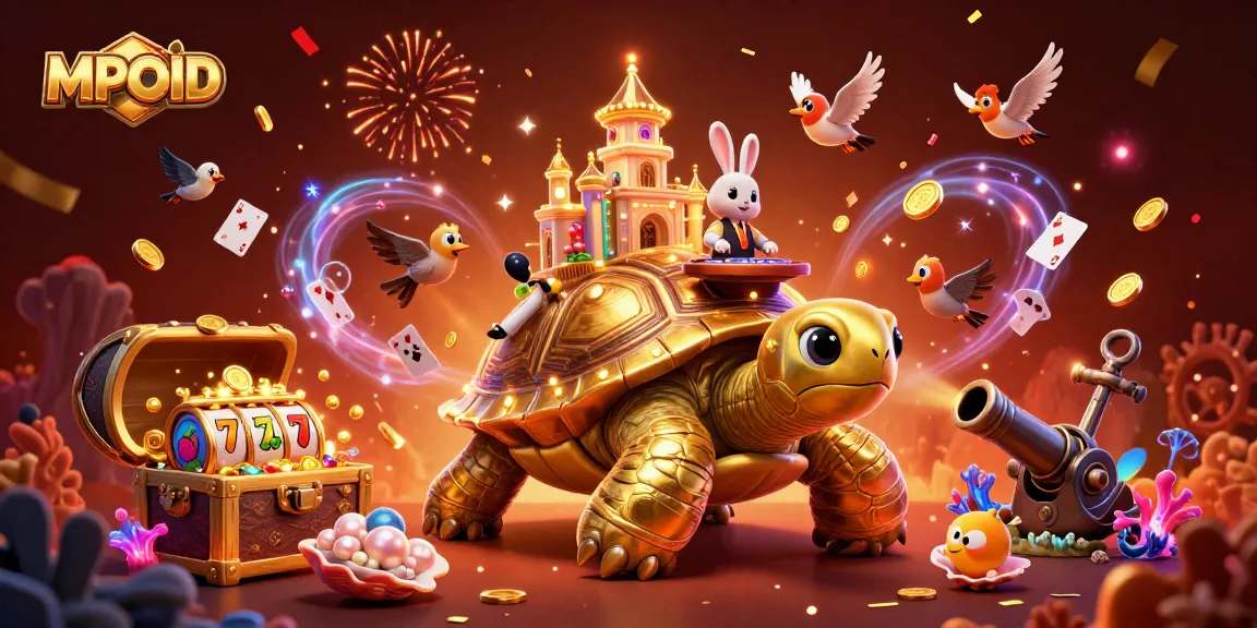Engage with MPOID's vibrant gaming scene featuring a golden tortoise casino and rabbit dealer.