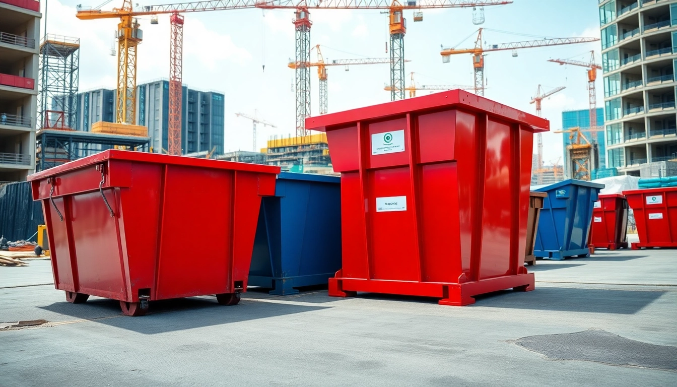 Efficient roll off bins positioned at a construction site for waste management.