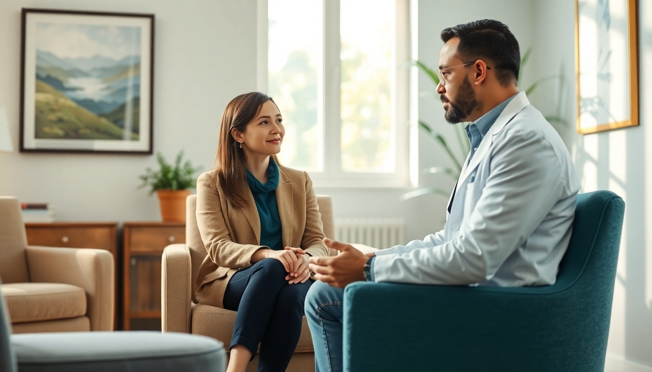 Engaging psychiatric treatment in India session between a psychiatrist and patient in a serene office.