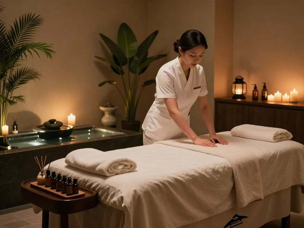 Inviting 이태원출장마사지 spa setting with tranquil decor and massage therapist preparing for a session.
