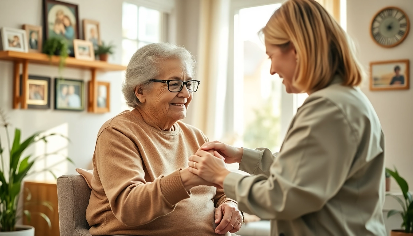 Engaging home healthcare services with a caregiver supporting an elderly client in a warm home setting.