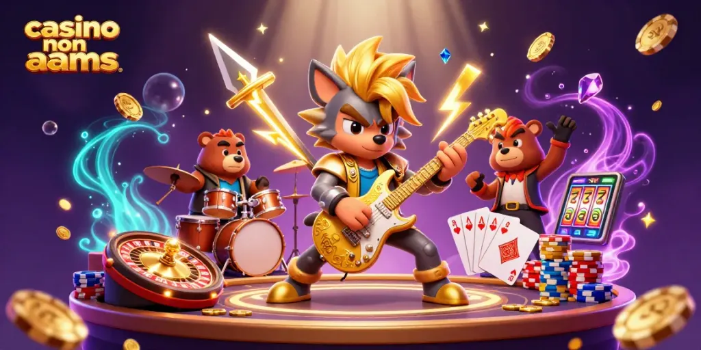 Il rock star wolf suona la chitarra in un casinò non AAMS, circondato da bonus scintillanti.