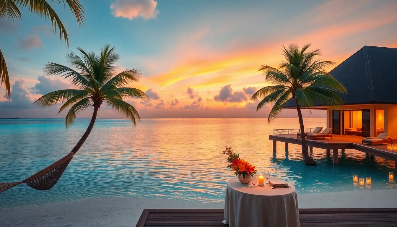 Luxury travel destinations featuring a stunning overwater villa at sunset, showcasing tranquility and exquisite beauty.