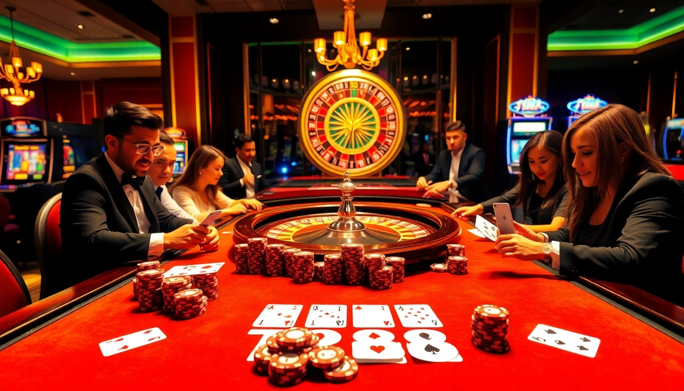 Gambling excitement at TR88 casino with luxurious poker tables and vibrant roulette wheels.
