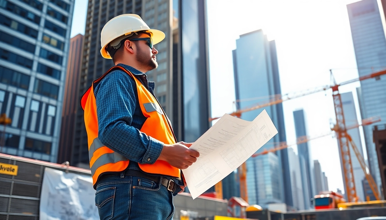New York City Construction Manager supervising a lively construction site, showcasing urban development.