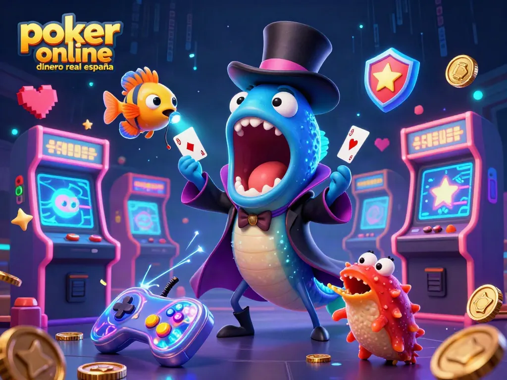 Juega al póker online con dinero real en España, mostrando una escena mágica con un pez linterna e iluminación de neón.