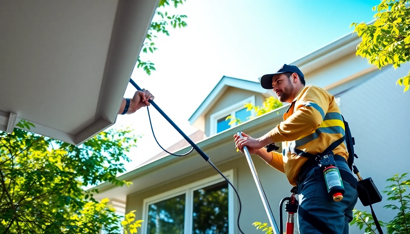 Expert gutter cleaning Seattle WA technician servicing a residential building in bright conditions.