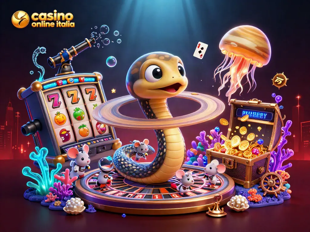 Gioca nel casino online Italia con slot, serpenti e premi in un'illustrazione fantastica.