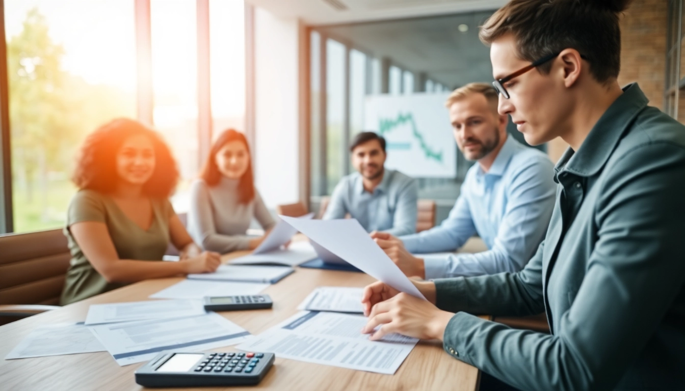 Efficient US tax filing session with a financial advisor explaining documents to clients.