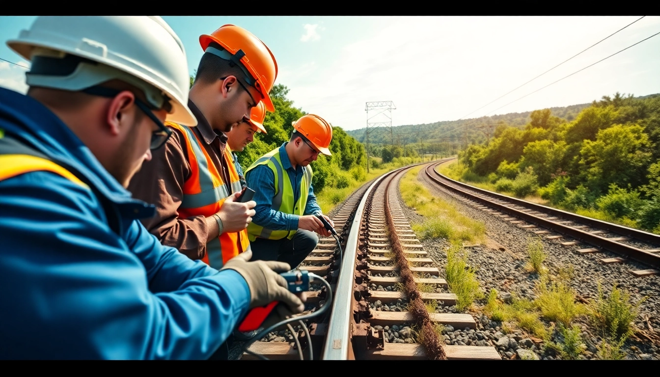 Railroad Engineering team inspecting railway track with safety gear.