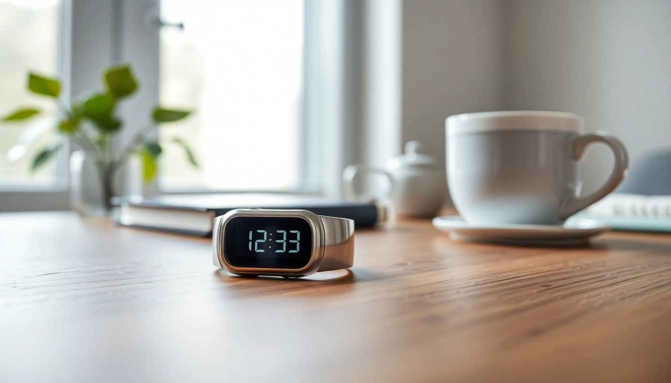 Showcasing a Smart Health Ring on a wooden desk highlighting its sleek design and advanced features.