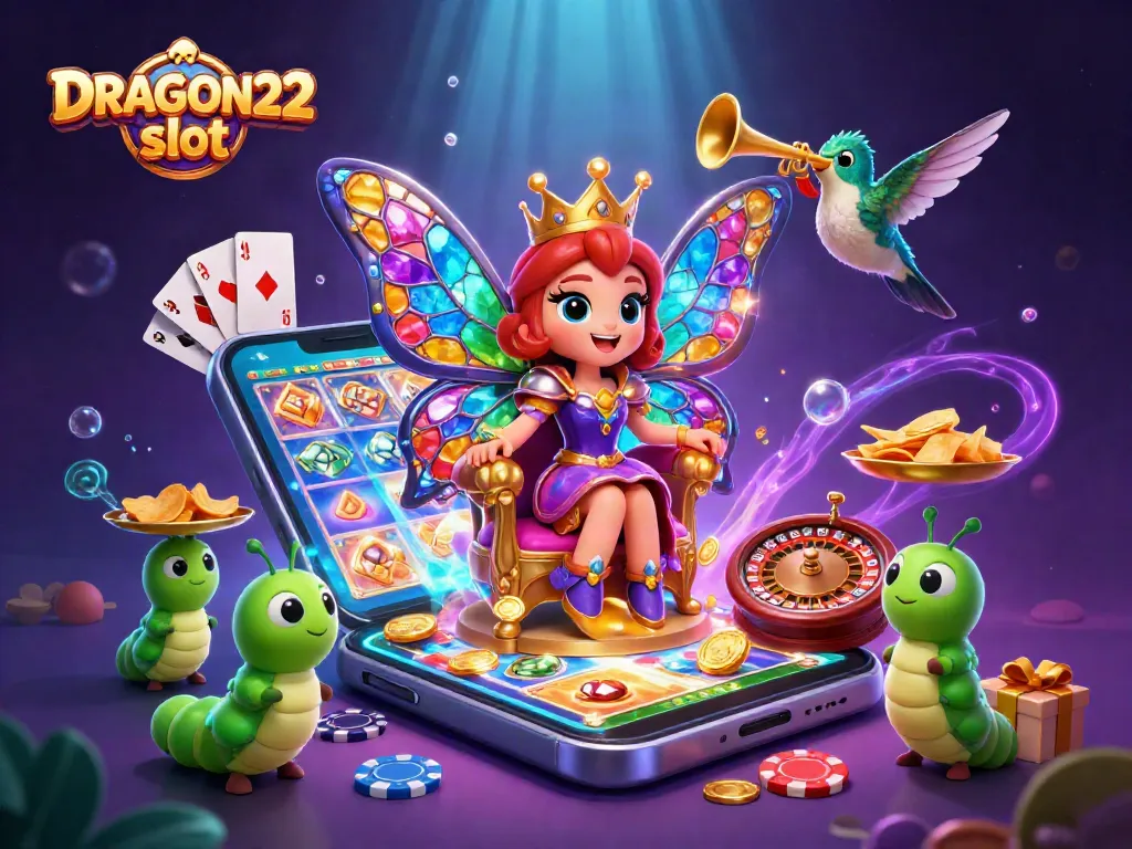 Engage with the vibrant DRAGON222 slot experience featuring a colorful 3D illustration of a butterfly queen amid casino elements.