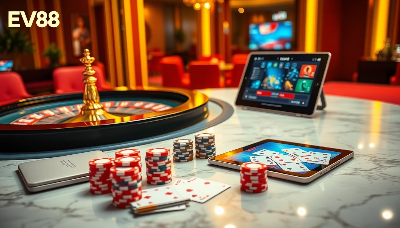 Experience thrilling gaming action at EV88 with professional tables and vibrant betting elements.