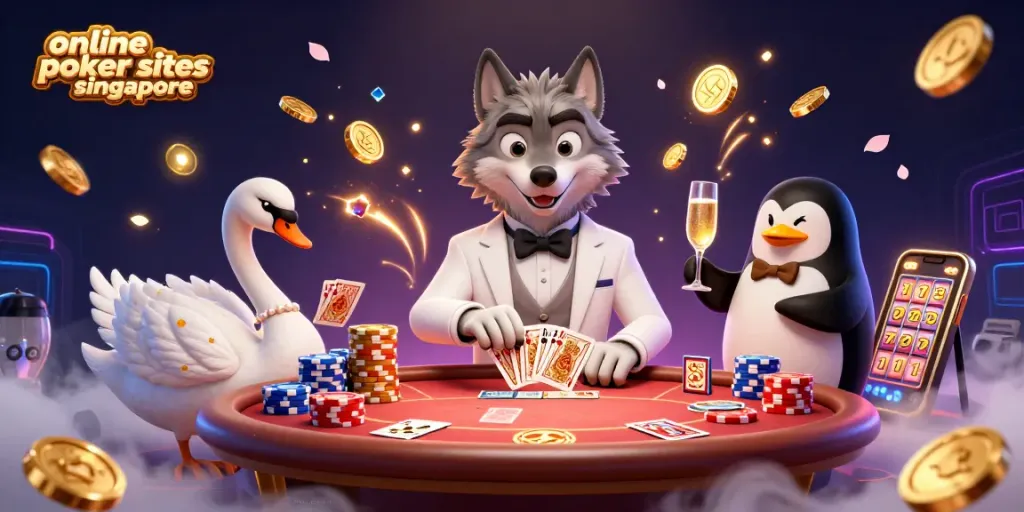 Engage in the excitement of online poker sites Singapore with a thrilling 3D poker scene featuring dynamic characters and vibrant elements.