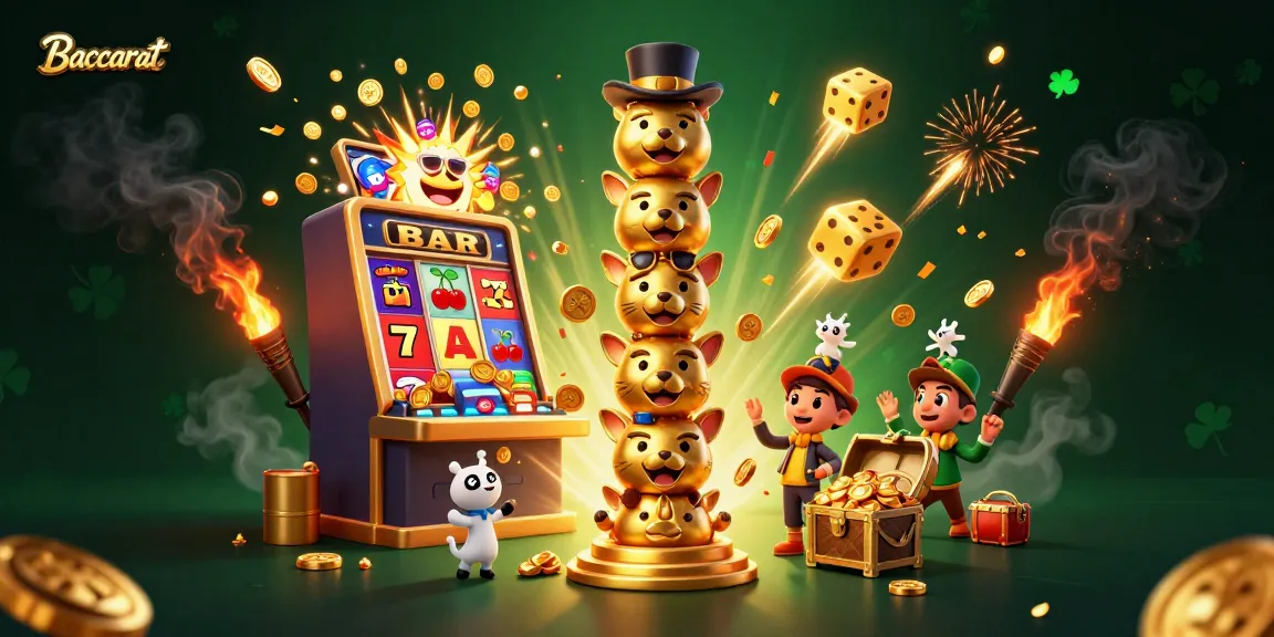 Baccarat players strategizing their wins with a dynamic scene of a golden totem pole and slot machine bursting with jackpots.