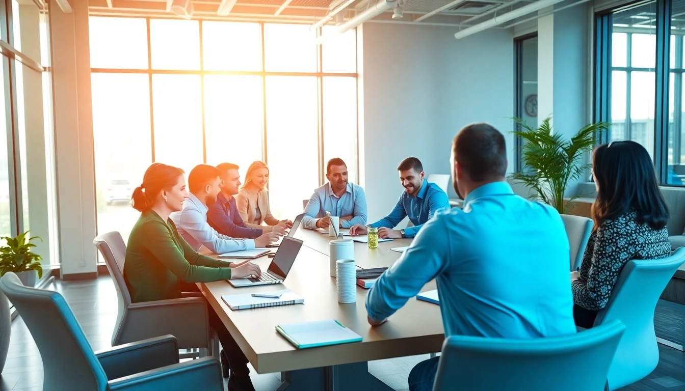 Team collaborating on an effective press release distribution strategy in a vibrant conference setting.