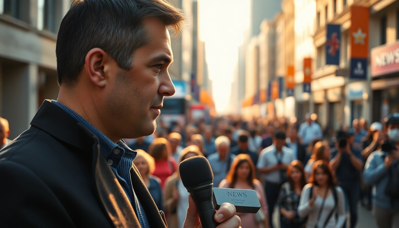Breaking News scene featuring a determined journalist reporting live.