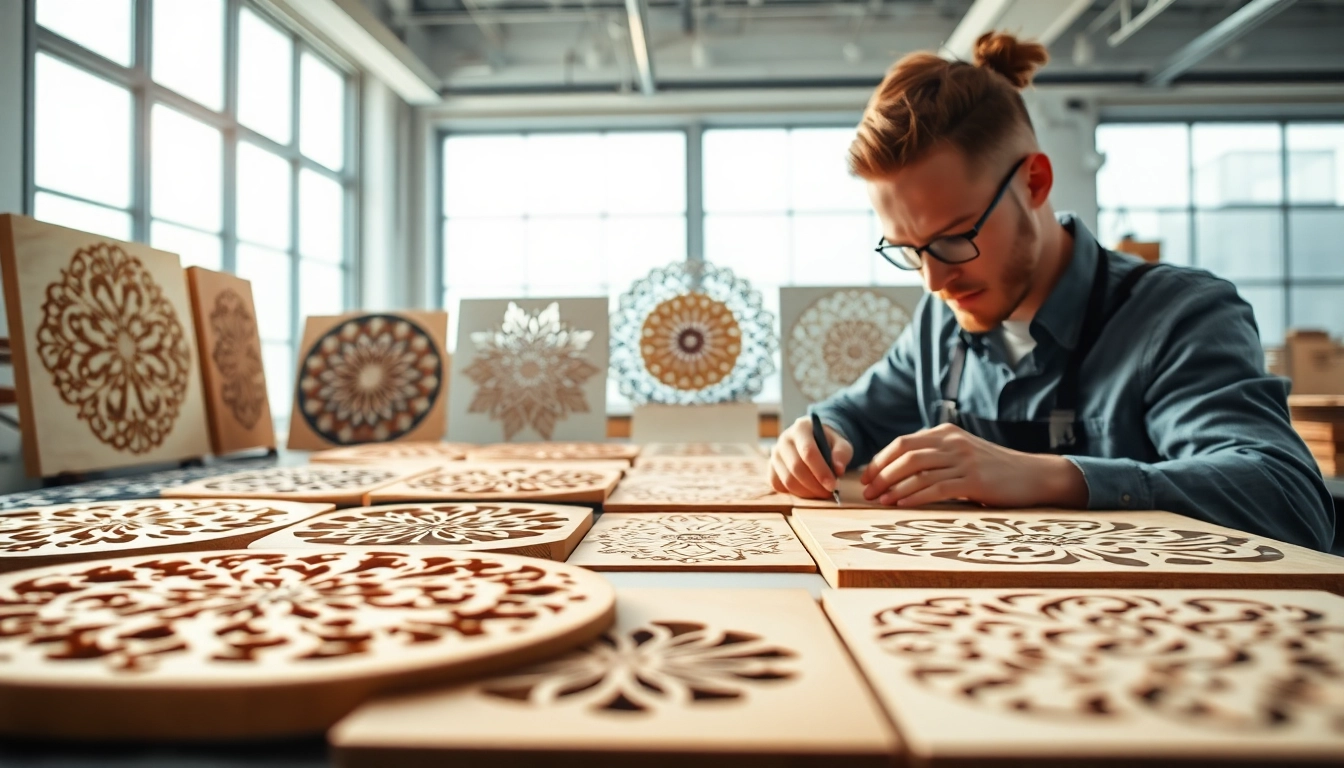 Showcasing intricate laser cutting designs crafted in a modern workshop with vibrant hues.