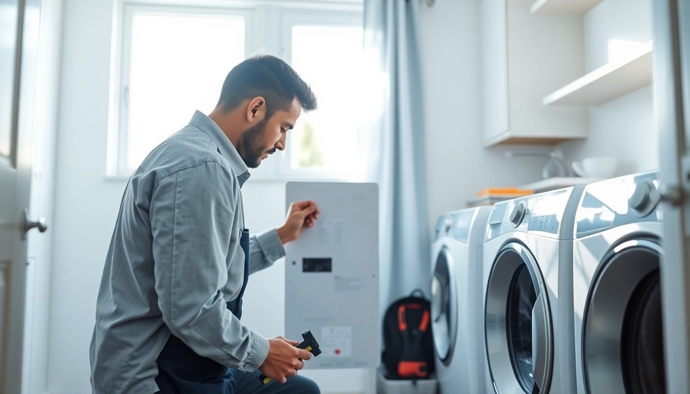 Repairing dryer in a bright laundry room emphasizes expert dryer repair near me services.